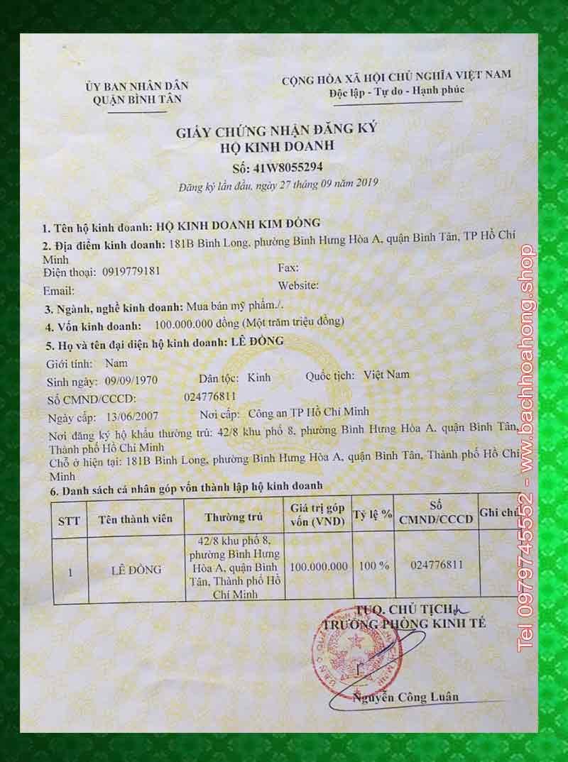 Giấy chứng nhận đăng ký Hộ kinh doanh Kim Đồng
